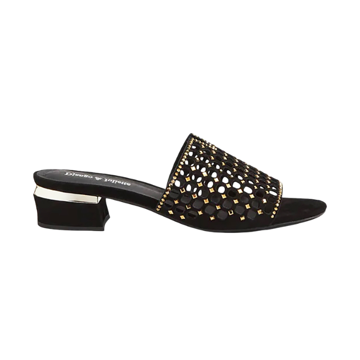Black suede sandal with perforated upper, gold detail jewels, black Django and Juliette logo'd footbed and low block heel.