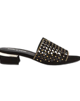 Black suede sandal with perforated upper, gold detail jewels, black Django and Juliette logo'd footbed and low block heel.