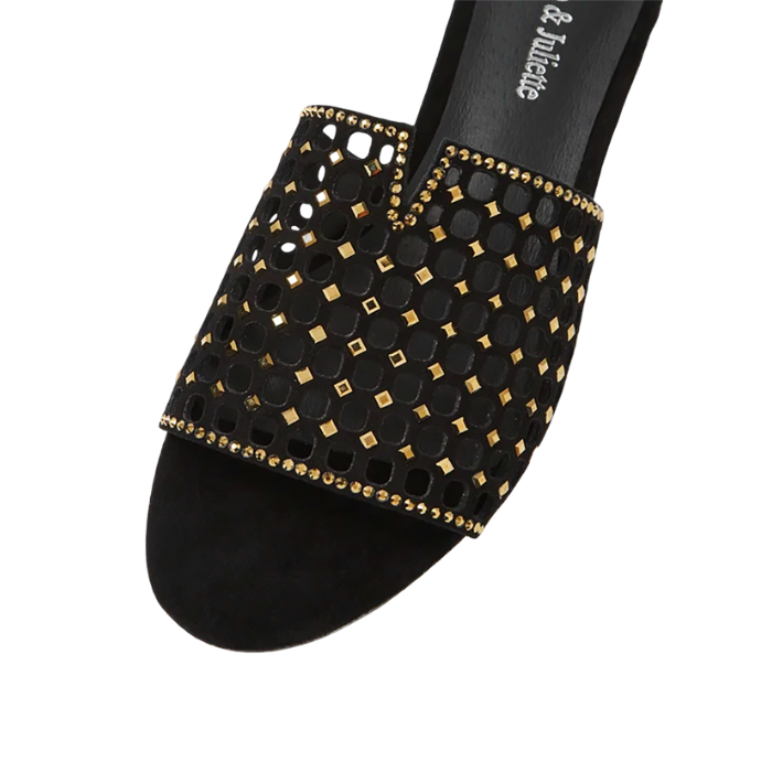 Toe of Black sandal with gold embellishments