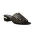 Black suede sandal with perforated upper, gold detail jewels and low block heel.