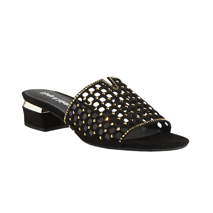 Black suede sandal with perforated upper, gold detail jewels and low block heel.