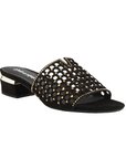 Black suede sandal with perforated upper, gold detail jewels and low block heel.
