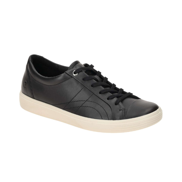 An Ecco black leather casual laced sneaker with detail stitching on side with a white outsole.