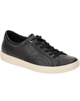 An Ecco black leather casual laced sneaker with detail stitching on side with a white outsole.