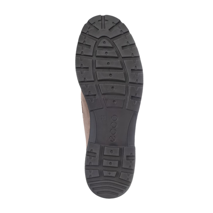 Black treaded outsole with Ecco logo stamped in middle.