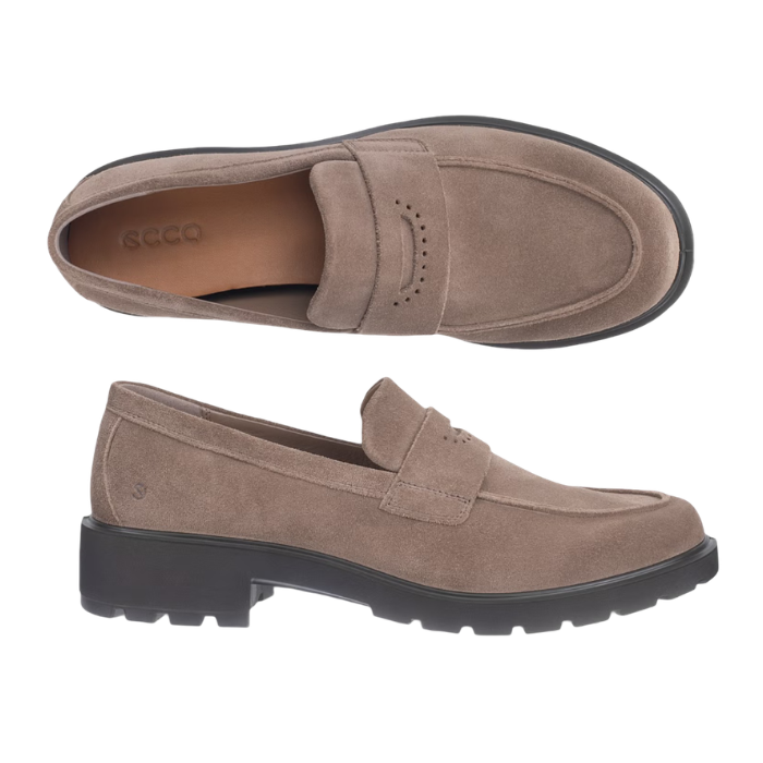Pair of A taupe-brown suede penny loafers with tan Ecco logo'd insole and a chunky black block heel.