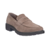 A taupe-brown suede penny loafer with a chunky black block heel.