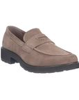 A taupe-brown suede penny loafer with a chunky black block heel.