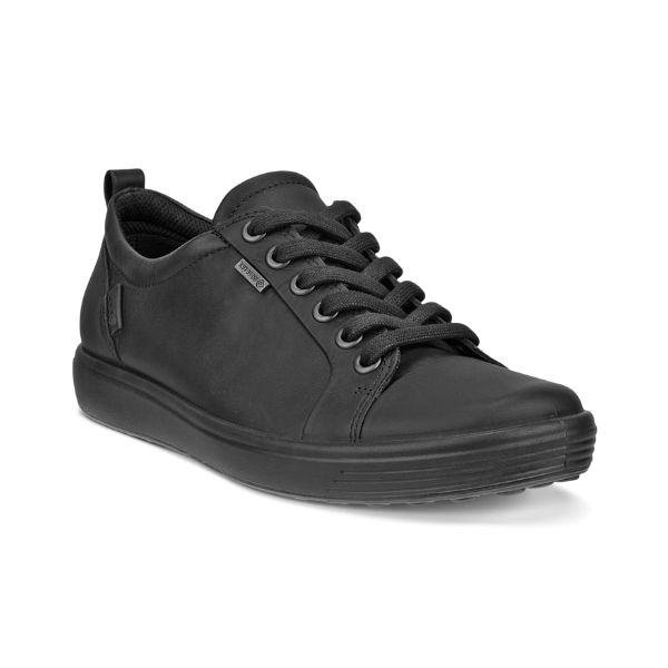 A pair of Ecco lace-up, all black leather sneaker with Gore-tex metal tag on side beside top eyelets and rubber outsole.