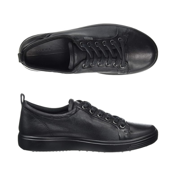 A pair of Ecco lace-up, all black leather sneaker with Gore-tex metal tag on side beside top eyelets, leather footbed and rubber outsole.