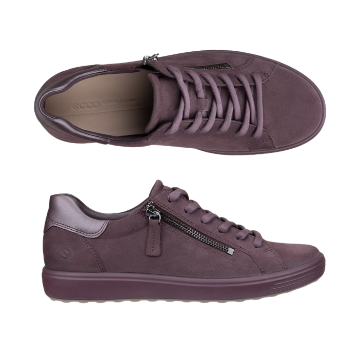 Pair of All purple lace-up sneaker with side zipper and tan Ecco logo'd footbed.