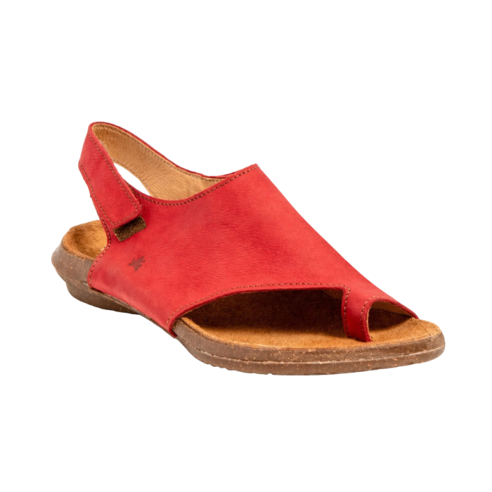 Red toe-loop slingback sandal with a brown footbed and outsole.