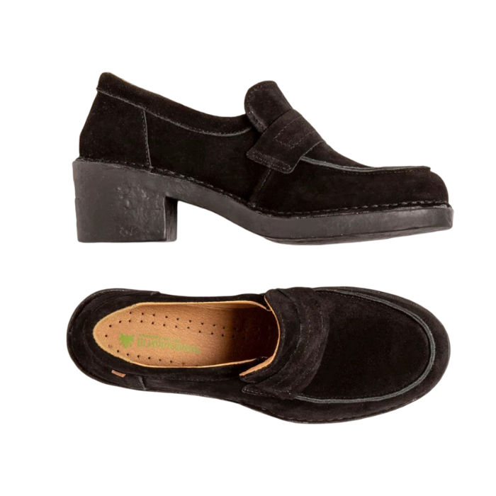 Pair of Black suede penny loafers with tan El Naturalista logo'd footbed and a black rubber block heel.