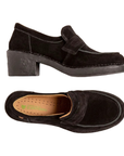 Pair of Black suede penny loafers with tan El Naturalista logo'd footbed and a black rubber block heel.