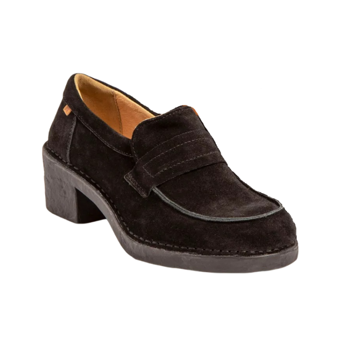 Black suede penny loafer with black rubber block heel.