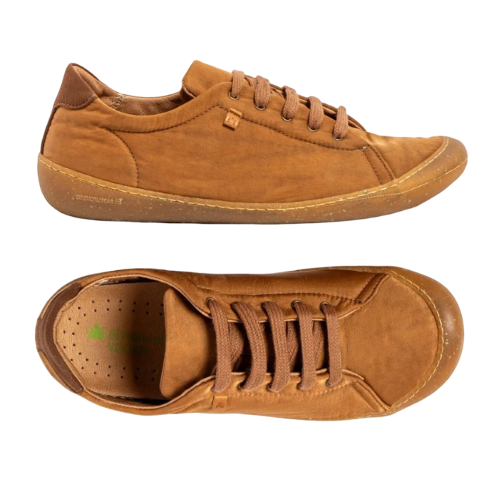 Pair of Brown nylon sneakers with brown accents, brown laces and brown textured outsole.