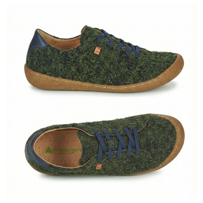 Pair of Green furry sneakers with blue laces, heel caps, El Naturalisa logo'd footbed and a thin tan rubber outsole.