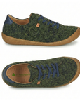 Pair of Green furry sneakers with blue laces, heel caps, El Naturalisa logo'd footbed and a thin tan rubber outsole.