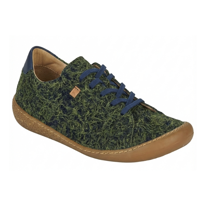 Green furry sneaker with blue laces, heel cap and a thin tan rubber outsole.