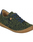 Green furry sneaker with blue laces, heel cap and a thin tan rubber outsole.