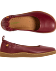 Pair of burgundy ballet flats with heel tab, tan El Naturalista logo'd footbed and tan outsole.