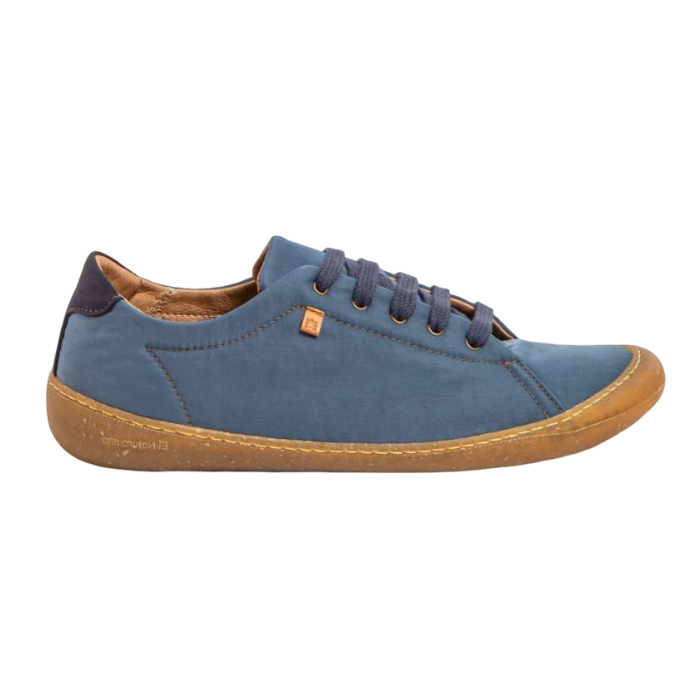 Blue sneaker with brown accent stitching, navy laces and brown textured outsole.