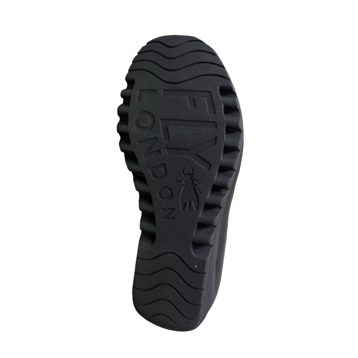 A black rubber outsole with waved and lugged tread pattern and embossed branding with the text 'FLY LONDON' and a fly logo.
