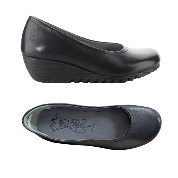 Pair of  black leather wedge ballet style shoes with a rounded toe, grey Fly London logo'd footbed and lugged outsole.