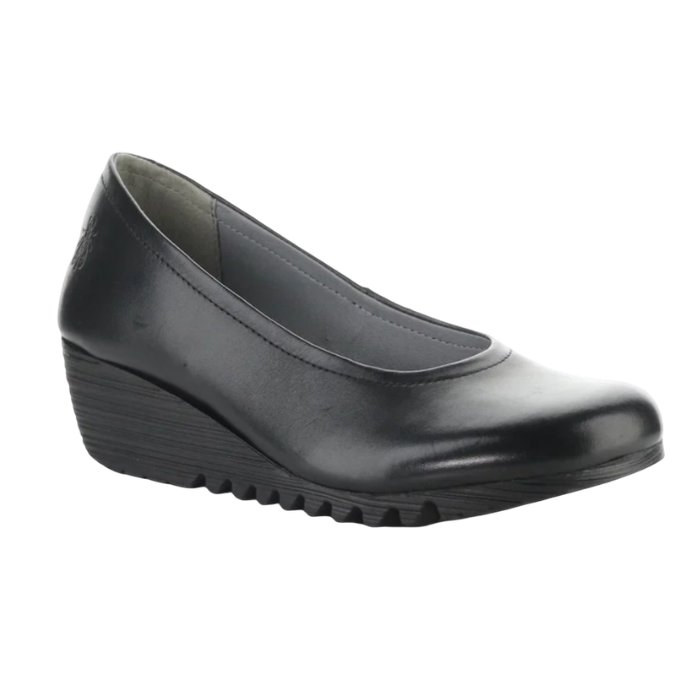 A single black leather wedge ballet style shoe with a rounded toe and lugged outsole.