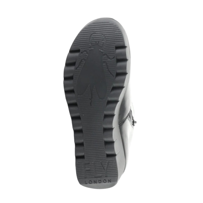 Black lugged outsole with Fly London logo on heel and Fly symbol at the ball of foot.