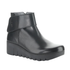 A black leather ankle boot with a chunky platform outsole and a wide strap across the ankle.