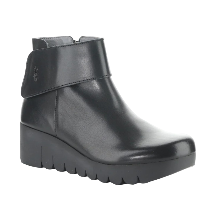 A black leather ankle boot with a chunky platform outsole and a wide strap across the ankle.