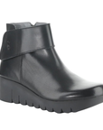 A black leather ankle boot with a chunky platform outsole and a wide strap across the ankle.