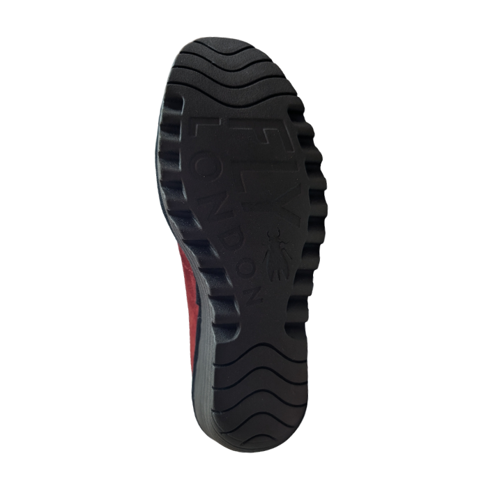 Black lugged outsole with Fly London logo and wave tread pattern.