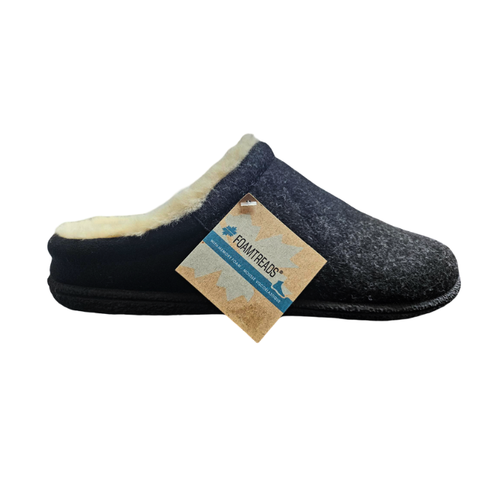 Grey slip on slipper with faux white fur lining and black outsole.