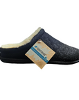 Grey slip on slipper with faux white fur lining and black outsole.