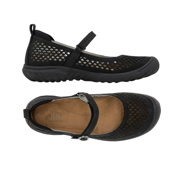 Pair of Black Mary Jane with diamond pattern perforations, tan JBU logo'd footbed and black outsole.