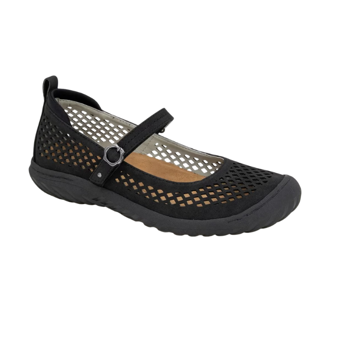 Black Mary Jane with diamond pattern perforations, tan footbed and black outsole.