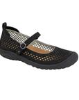 Black Mary Jane with diamond pattern perforations, tan footbed and black outsole.