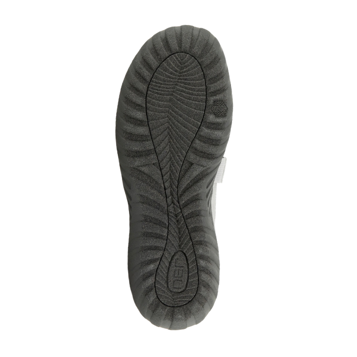 Grey light treaded outsole with JBU logo on heel.