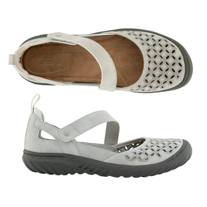 Pair of Light grey floral perforated Mary-Janes with tan JBU logo'd footbed and dark grey rubber outsole.