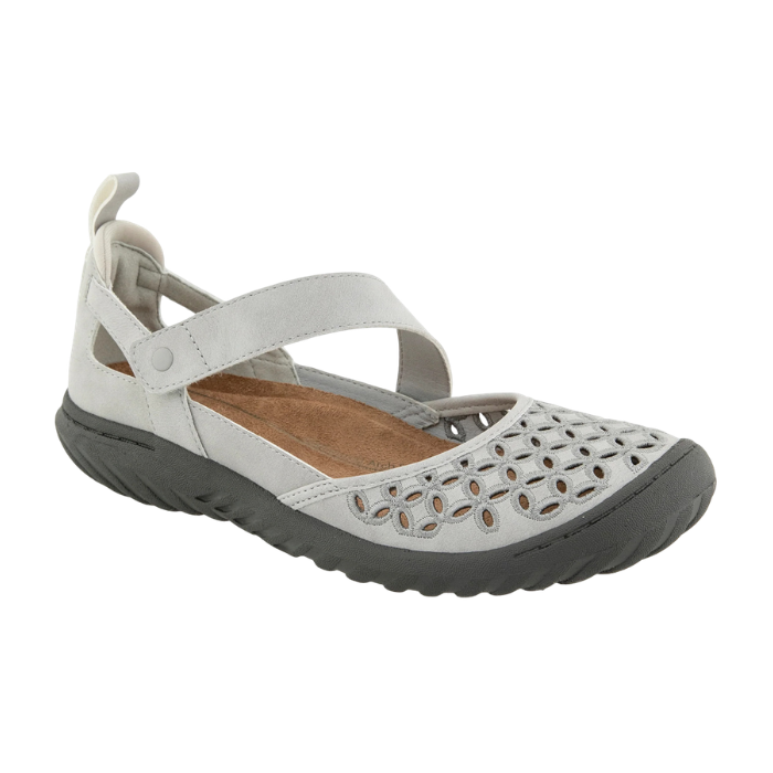 Light grey floral perforated Mary-Jane with tan footbed and dark grey rubber outsole.