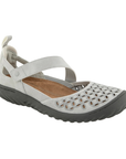 Light grey floral perforated Mary-Jane with tan footbed and dark grey rubber outsole.