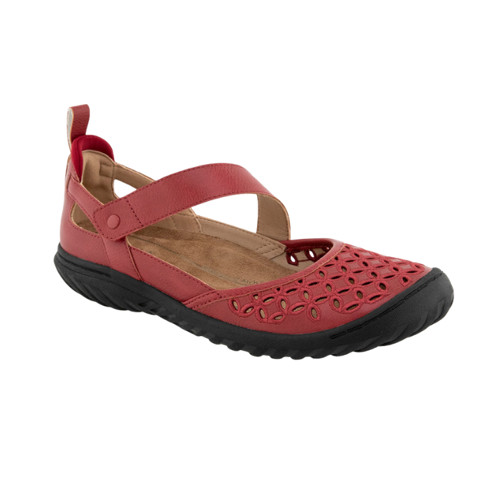 Red floral perforated Mary-Jane with tan footbed and black rubber outsole.