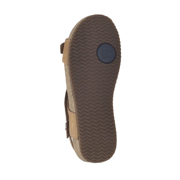 Brown wave pattern tread of backstrap sandal with JS logo in blue circle.