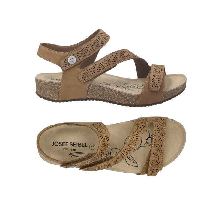 Pair of Brown backstrap sandals with three adjustable Velcro perforated straps, tan Josef Seibel footbed, cork midsole and brown outsole.