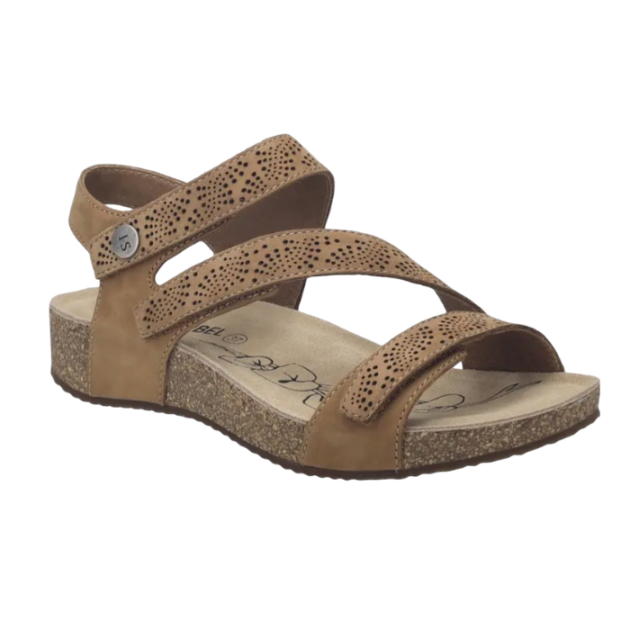 Brown backstrap sandal with three adjustable Velcro perforated straps, tan Josef Seibel footbed, cork midsole and brown outsole.