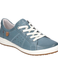 A single women's low-top sneaker in dusty blue leather with white laces, a white midsole, and a brown outsole, shown on a plain white background.