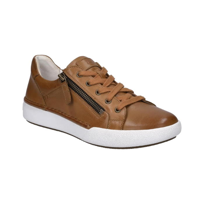 Camel brown leather sneaker with laces, side zipper and white midsole.