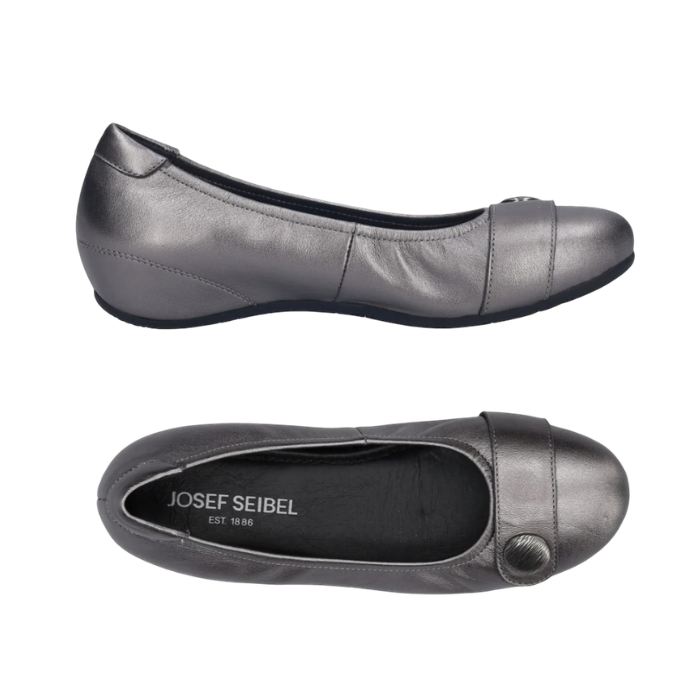 Pair of ballet flat shoes in pewter leather with a decorative strap and silver button on the toe, black Josef Seibel logo'd footbed and black outsole.